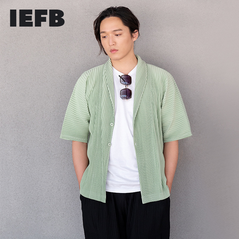 

IEFB Japanese Streetwear Fashion Pleated Short Sleeve Men's Shirt Summer Casual Simple Lapel Green Shirts High Quality 210524