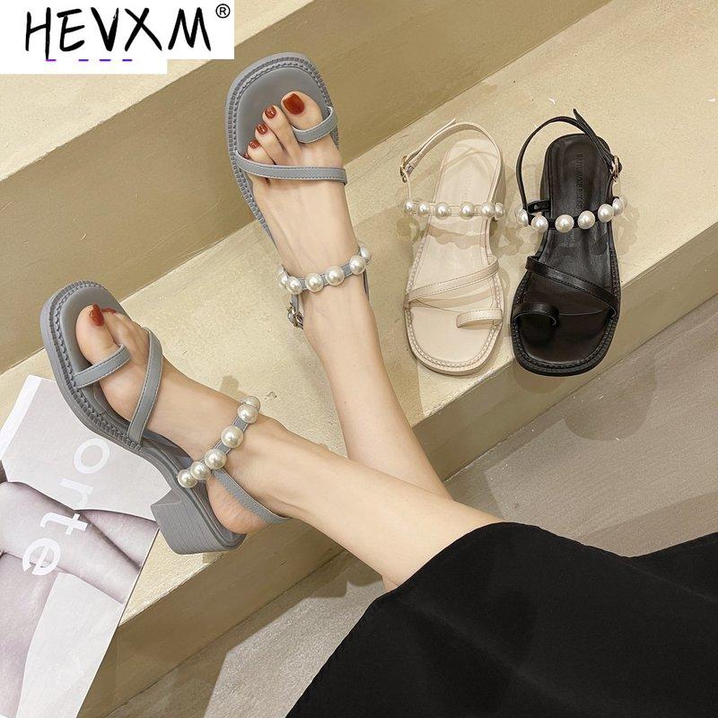 

Sandals Pearl Outdoor Foot Ring Straps Beaded Roman Fashion Square Heels With Women's Shoes Solid Plus Size 35-39, Black