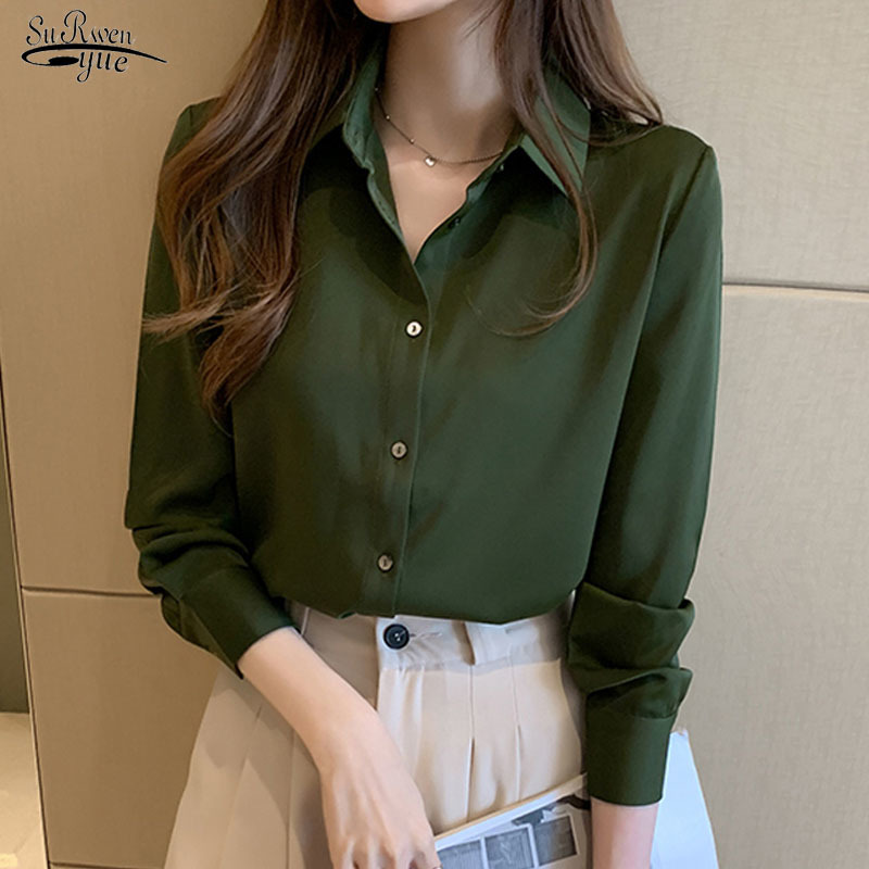 

Autumn Solid Silk Long Sleeve Women' Blouse Korean Office Lady Style Women Satin Single-breasted Loose Shirts 11053 210521, Army green