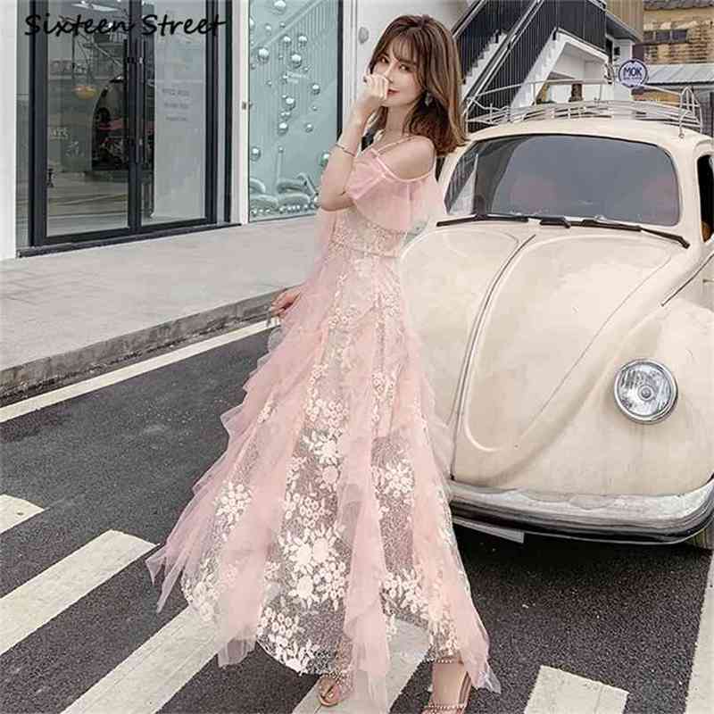 

Embroidery Long Dresses for Women Party Wedding Pink Runway Design V-neck Maxi Woman Clothing Luxury Strap lady 210603, Clear