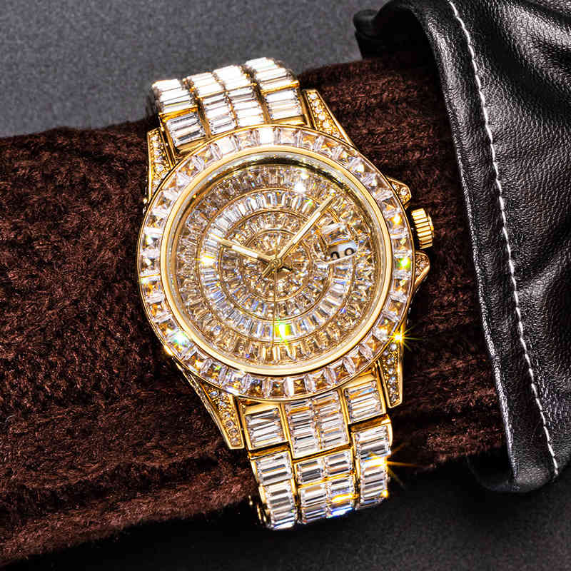 

18K Full Square Diamond Watch Premium Zircon Water Resistant Quartz Men Stainless Steel Gold Plated Luminous Hands Sapphire Date Window Hip Hop Luxury Watches, V329-ss