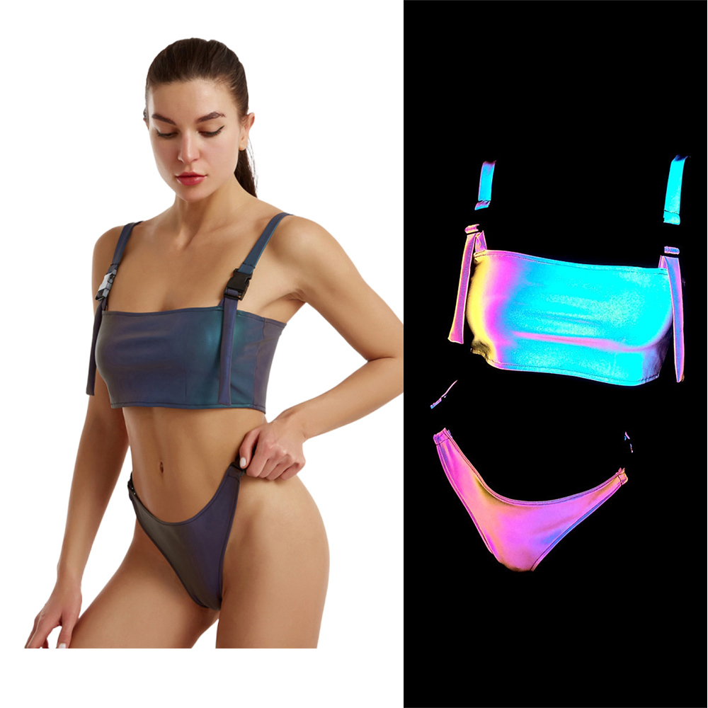 Reflective Bikini Split Swimwear Thong Set Bra Summer Women 2 Pieces Release Buckle Shiny Glowing Beachwear-image-707365345