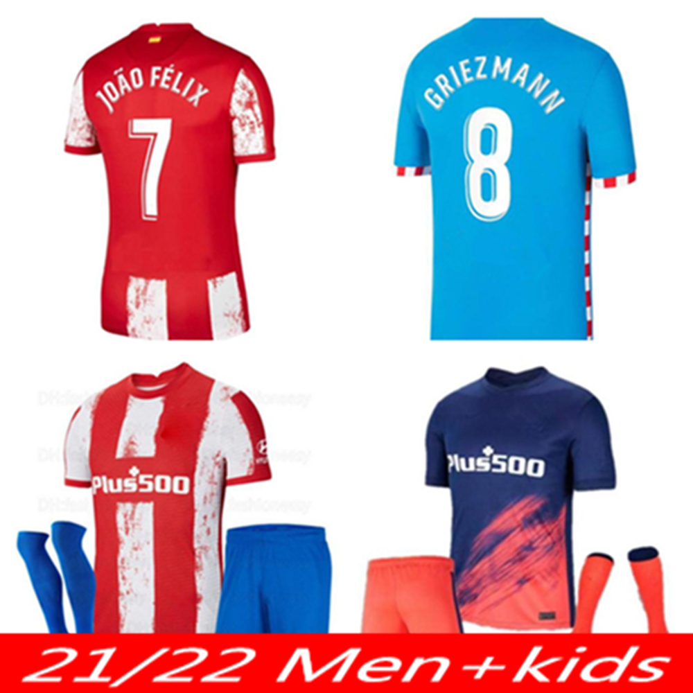 

21 22 Atletico soccer jerseys MADRID SUAREZ JOAO FELIX Griezmann 2021 M. LLORENTE KOKE CORREA CARRASCO R. DE PAUL men +kids kit with socks c, Black
