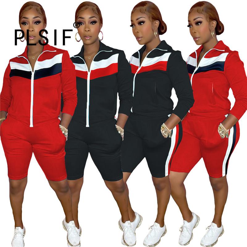 

Women' Tracksuits Women Striped Long Sleeve V-Neck Zip Pocket Jacket Elastic Waist Shorts Street Sports Set Autumn, Black
