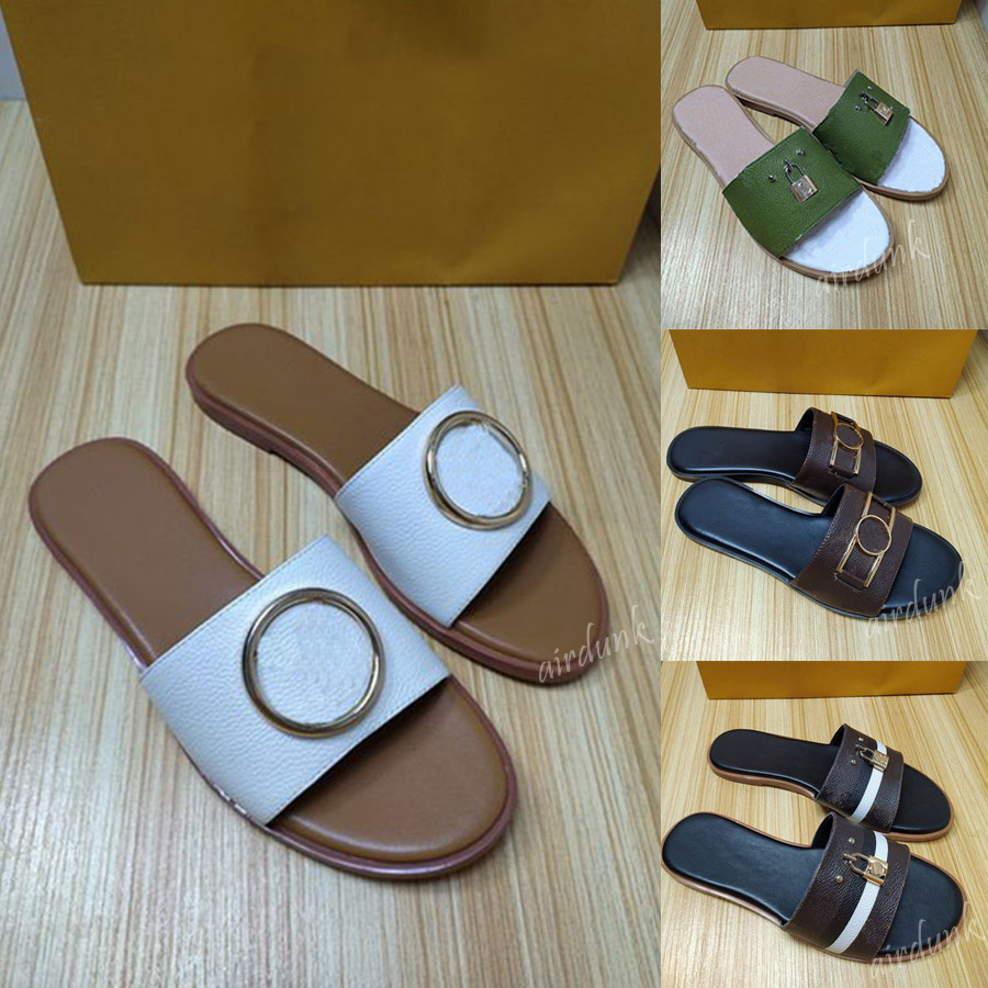 

Women fashion summer lock shoes slipper Graffiti Sandals Woman genuine cowhide leather Flat Shoe Letter slippers with logo box Large size 35-40, Black