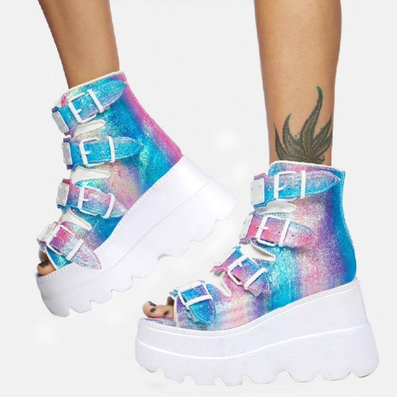 

Summer For Dropship Big Size 43 Fashion INS Gothic Cosplay Open Toe Chunky Platform Sandals High Heels Wedges Shoes Women, Black