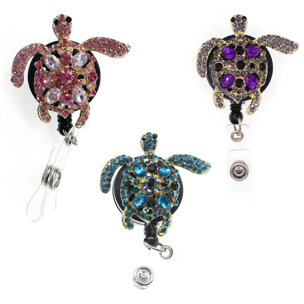 

Wholesale Key Rings High Quality Rhinestone Nurse Beautiful Turtle Animal Card Retractable Badge Reel ID Holder For Decoration