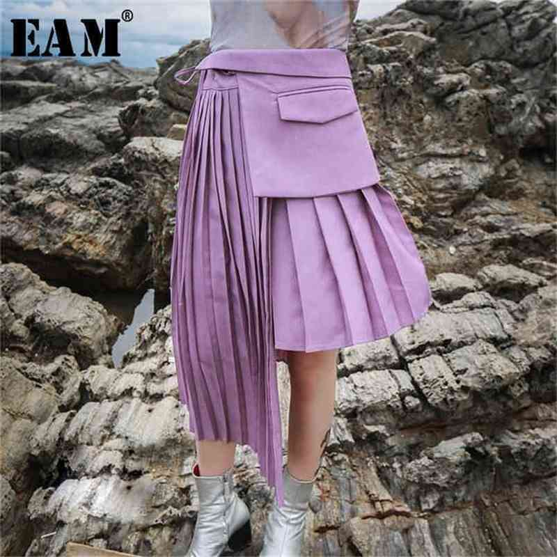 

[EAM] High Waist Purple Pleated Bandage Split Joint Asymmetrical Half-body Skirt Women Fashion Spring Autumn JH351 210702, Black