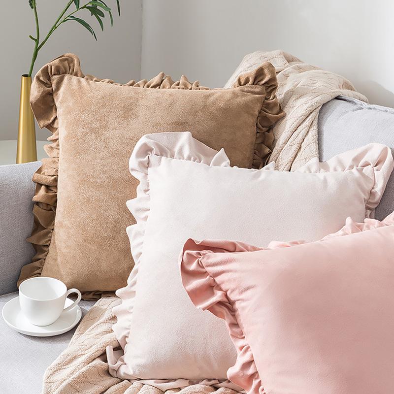 

Pillow Case Ruffle Cushion Cover Solid Color Pillowcases Cotton Fabric Decorative Princess Girl Room Decoration PillowCase