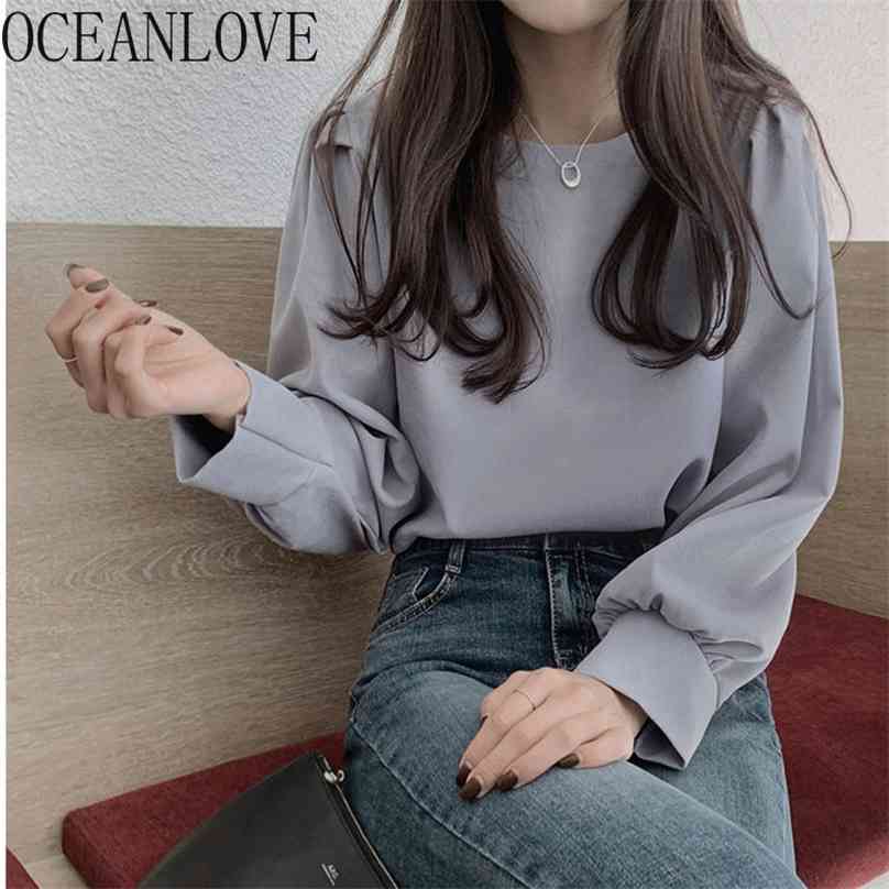 

OCEANLOVE Office Ladies Shirts Solid Puff Sleeve Spring Tops Elegant Retro Blouse Women Chic Loose Blusas Mujer 19812 210719, Apricot