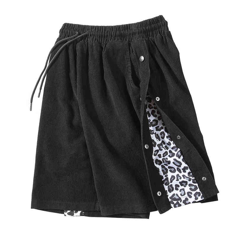

Leopard Breasted Button Corduroy Summer Shorts for Men Women Drawstring Streetwear Oversize Knee Lenght Pants, Black