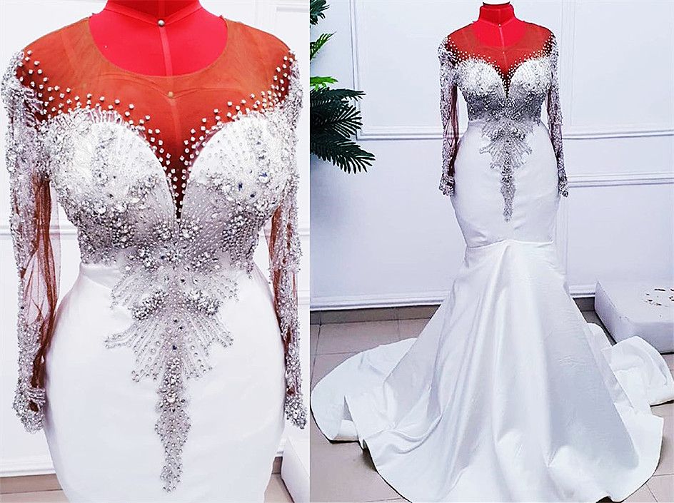 

2021 Plus Size Arabic Aso Ebi Luxurious Beaded Crystals Wedding Gowns Sheer Neck Long Sleeves Mermaid Bridal Dresses ZJ232, Black