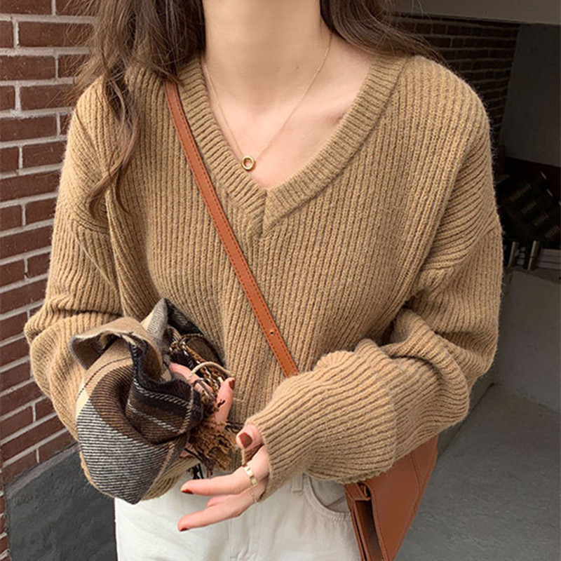 

3Colors womens knitted Sweater Autumn and winter loose korean style female Loose V neck Sweaters and pullovers womens (X1716), White;black