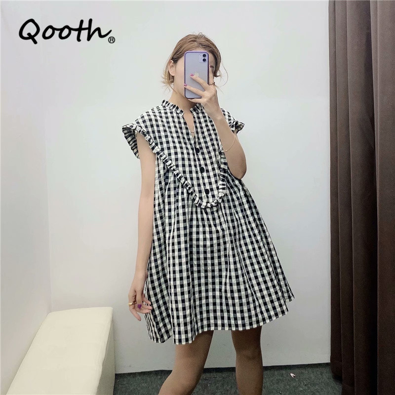 

Qooth Retro Plaid V-neck Ruffled Sleeve Pullover Dress Women's Summer Style Loose Dress Causal Short Sleeve Dress QT704 210518