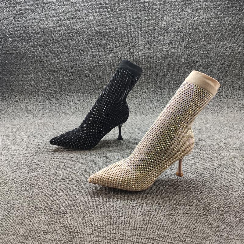 Dress Shoes 2021 Women Boots Fashion Rhinestone Hollow Mesh Elastic Socks Pointed Toe Stiletto Sexy High-Heeled Single