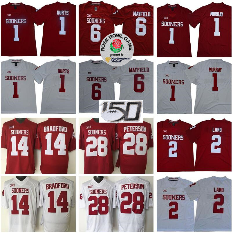 

NCAA Oklahoma Sooners 1 Jalen Hurts Jersey 2 CeeDee Lamb Baker Mayfield Kyler Murray Adrian Peterson Sam Bradford Red White College Football, 28