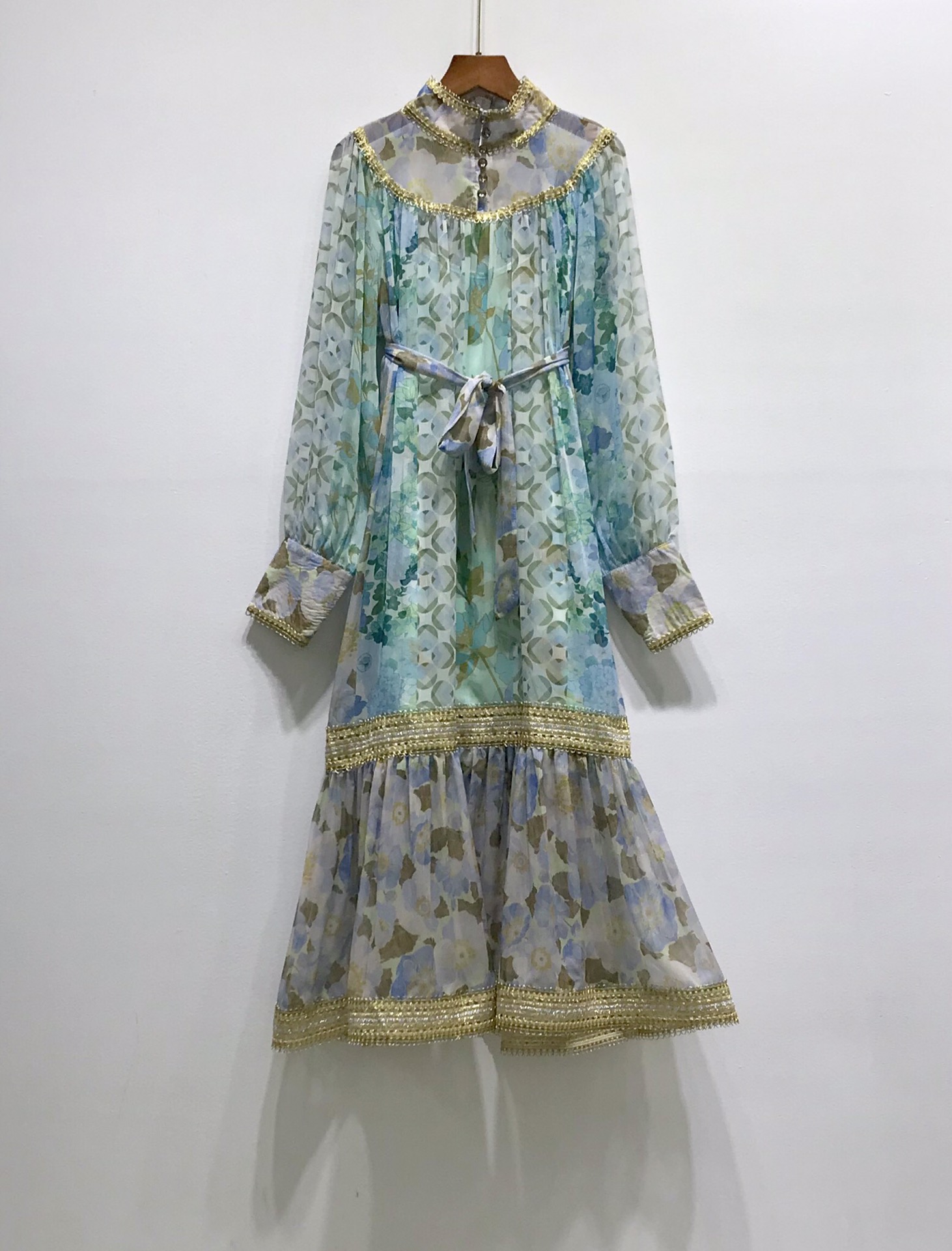 

Bohemian Autumn Maxi Dress DEsigner SKiy Blue Florals Print Long Sleeves Women' Dress Beach Holiday Cascasding Long Dress 92704, As shown