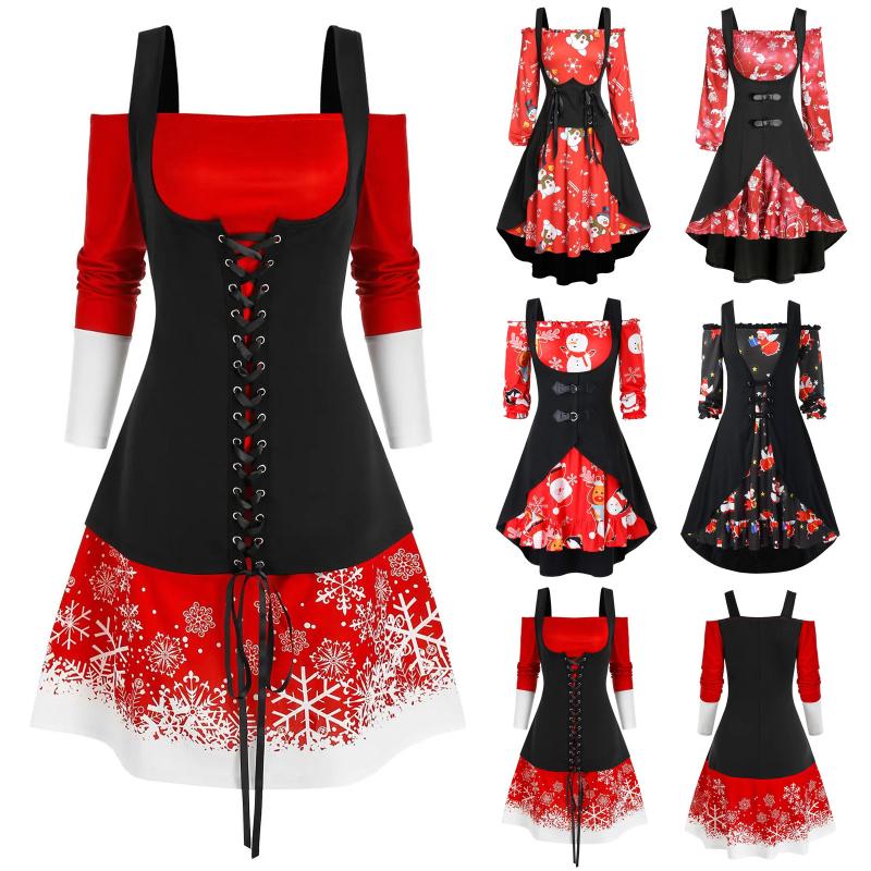 

Casual Dresses 2021 Christmas Costume Party Dress Long Sleeve Deep V-neck Vintage Nightmare Before Women Winter Plus Size Robe, Black;gray