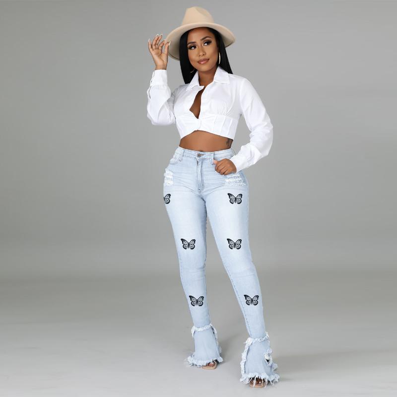 

Women's Jeans EWSFV 2022 Spring And Autumn Women Fashion Casual Creative Printed Tassel Light Blue Flare