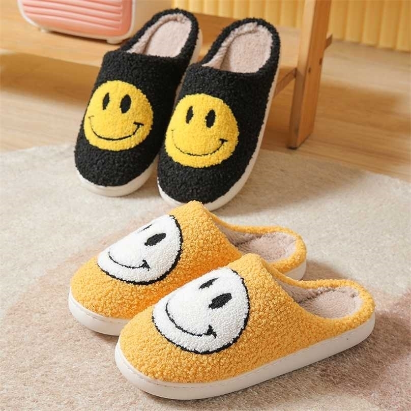 

Smiley face slipper autumn winter warm couple Fluffy cotton home indoor non-slip thick-soled Floor cartoon shoes 211110, 2navy blue