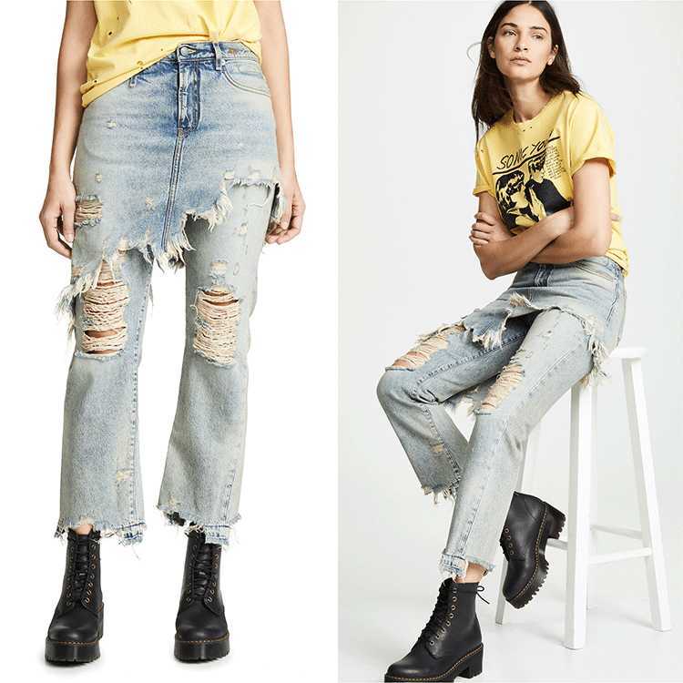 

Women's Jeans Wind R13 high waist nine point knee cut double layer classic skirt jeans, Light blue