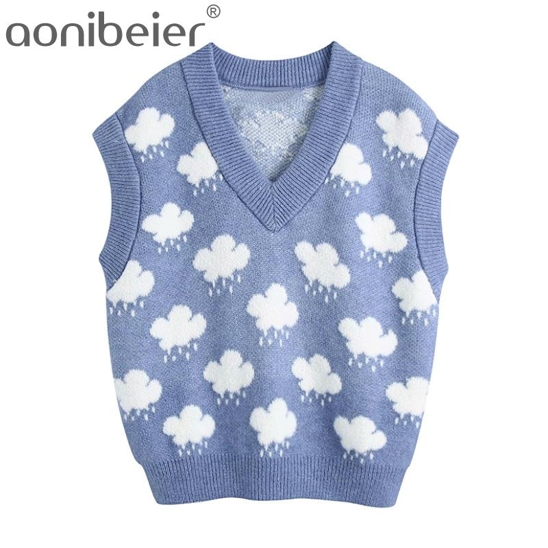 

Spring Autumn Fashion Jacquard V-neck Sleeveless Loose Knitted Women' Pullover Sweater Vest 210604, Blue