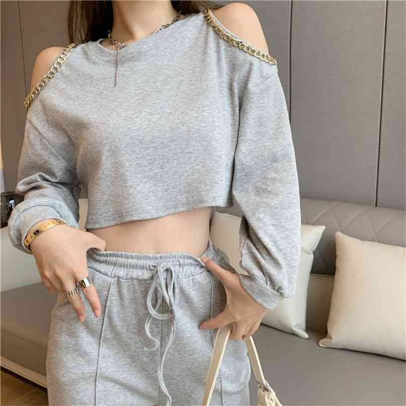 

Pants Sweashirt Tracksuit Women Summer Fall Chic Strapless Chain Deco Raglan Sleeve Loose Tops and Trousers Casual 2 Piece sets 210602, Black