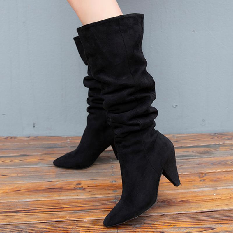 

Boots 2021 Women Flock Long Spike 8cm High Heels Fashion Prom Fetish Over The Knee Stripper Winter Warm Party Shoes, Black