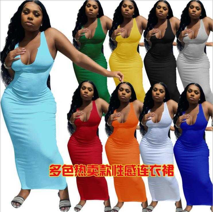 

Women Designers Clothes 2021 dresses wear spring and summer suspender vest deep V-neck slim sexy long dress woman models, Blue
