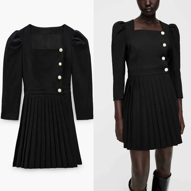 

Za Black Blazer Dress Women Long Sleeve Pearl Button Pleated Casual Short Dresses Woman Chic Elegant Cotton Vestido 210602
