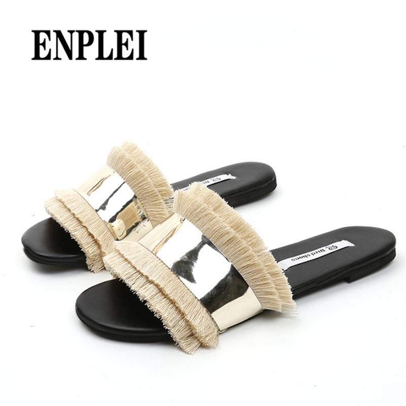 

Slippers ENPLEI Cozy Shoes Women Fashion Metal Bling Slides Fur Fringe Flip Flops Summer Flat Outside Ladies 35-40, Black
