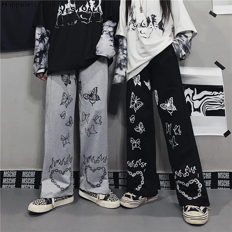 

Women's Pants & Capris Vintage Wide Leg Winter Fashion 2021 Harajuku Print Trousers Women Loose Casual Korean Style High Waist, Black;white