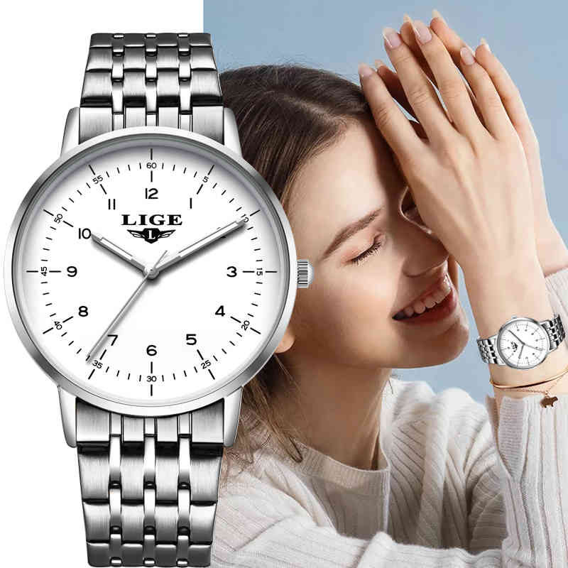 

LIGE Watch Women Luxury Fashion Casual Quartz Watches Waterproof Stainless Steel Sport Ladies Elegant Wrist Watch Girl Clock+Box 210517, Rose gold white