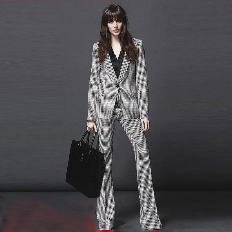 

New Personality Top Quality Women's Two Piece Pants Sets Original Design One Button Blazer Rib-Stop Flared Trousers Fashion Business Suits, White