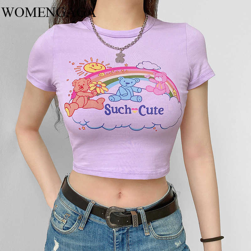 

WOMENGAGA Summer Casual Clothing Fashion All-match Bear Rainbow Printed Navel Short Sleeve T-shirt Tops VO1K 210603, Purple