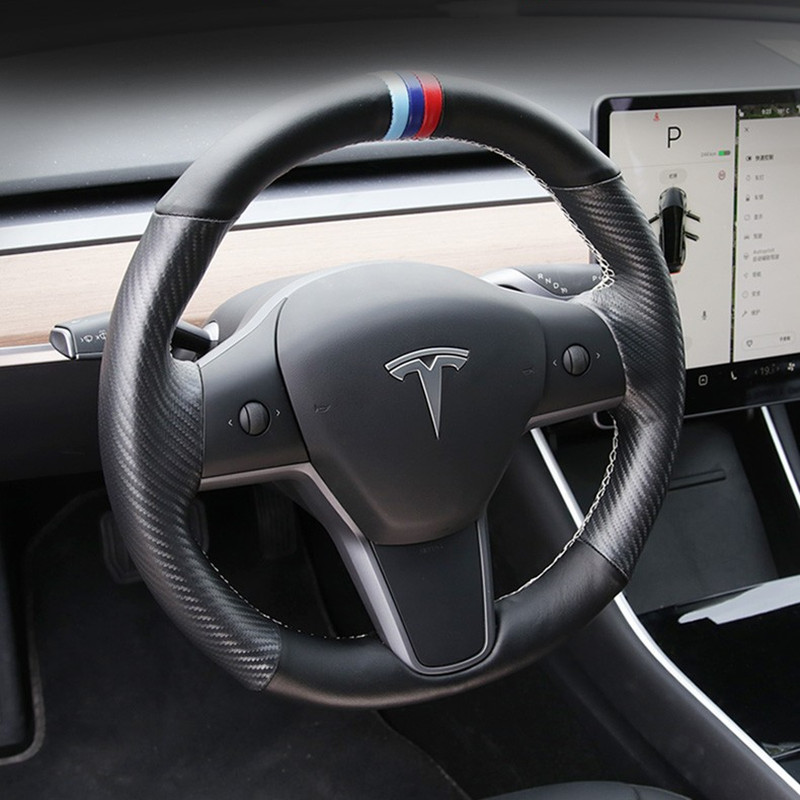 For Tesla model 3 / model Y DIY custom leather car interior steering wheel cover-image-717929095
