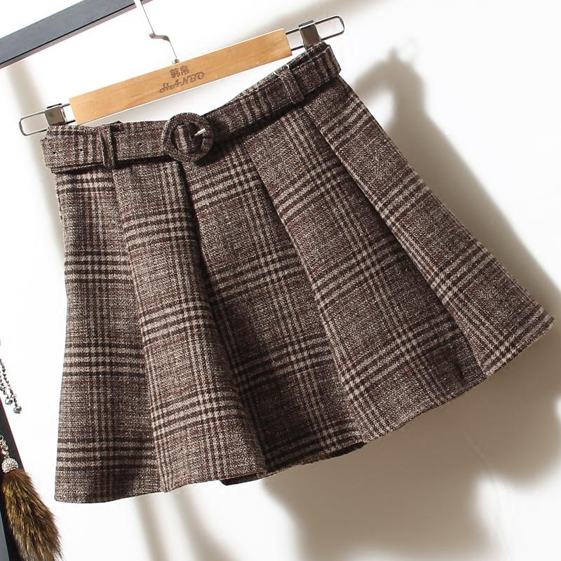 

Skirts Woolen Skirt Preppy Style Plaid Ball Gown Sashes Above Knee Mini Lenght Empire Waist Autumn Winter 2021, Grey