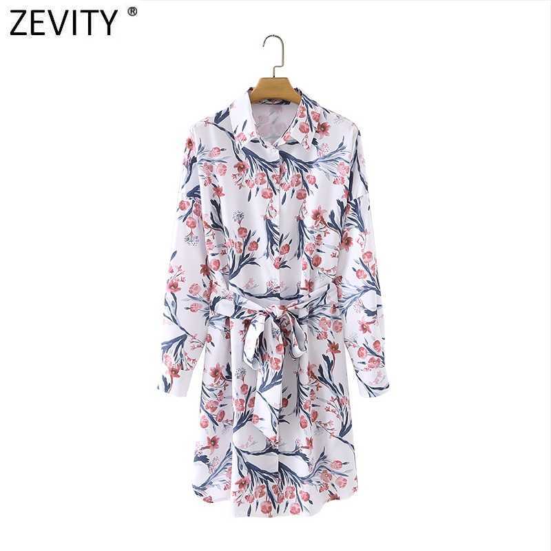 

Zevity Women Sweet Flower Print Bow Sashes Mini Shirt Dress Female Turn Down Collar Casual Slim A Line Vestido DS4889 210603, As pic ds4889xz
