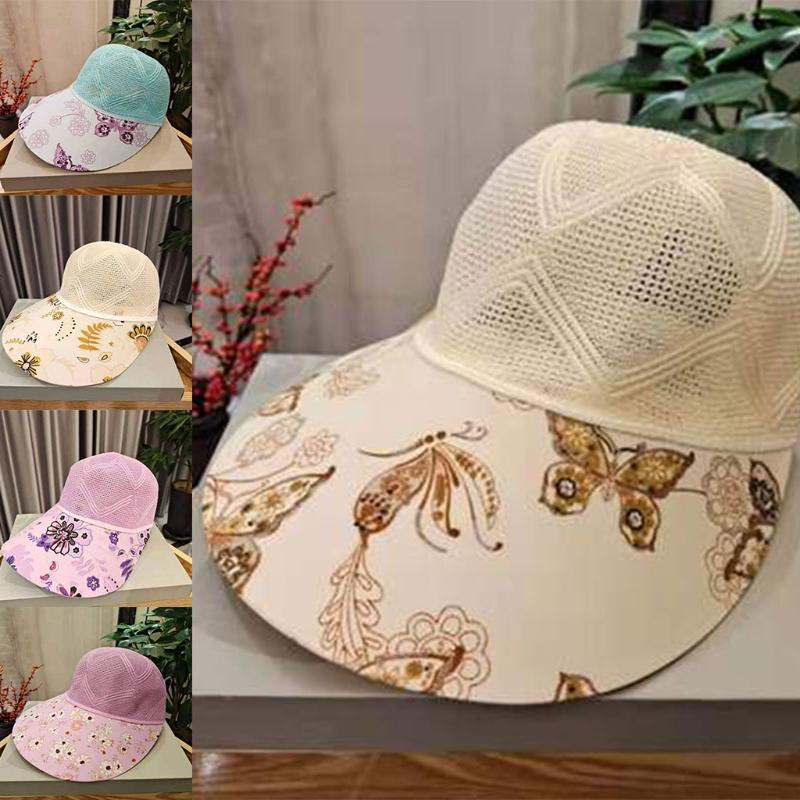 

Wide Brim Hats Women Summer Large Baseball Cap Breathable Mesh Top Boho Floral Print Visor Sun Protection Beach Ribbon Trucker Hat, Blue;gray