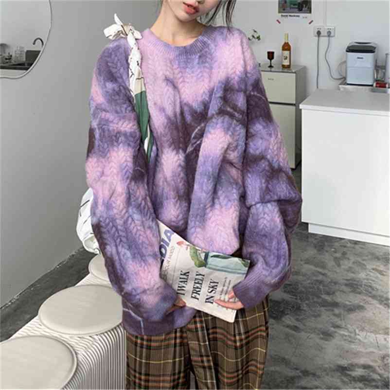 

Winter Women Vintage Tie Dye Oversize Sweater Warm Thick Purple Pullovers Batwing Sleeve BF Tops Knitted Outwears 210517, Purple sweater