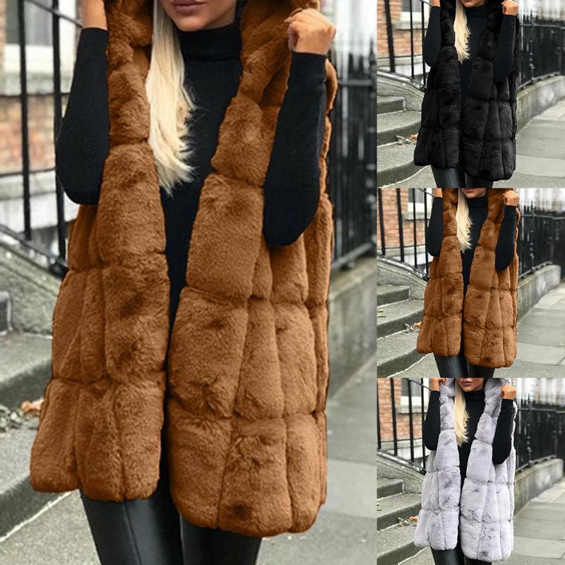 

Women' Vests 2021 Arrival Womens Winter Coats Faux Fur Gilet Vest Sleeveless Waistcoat Warm Femme Hooded Long Jacket Outwear, Black