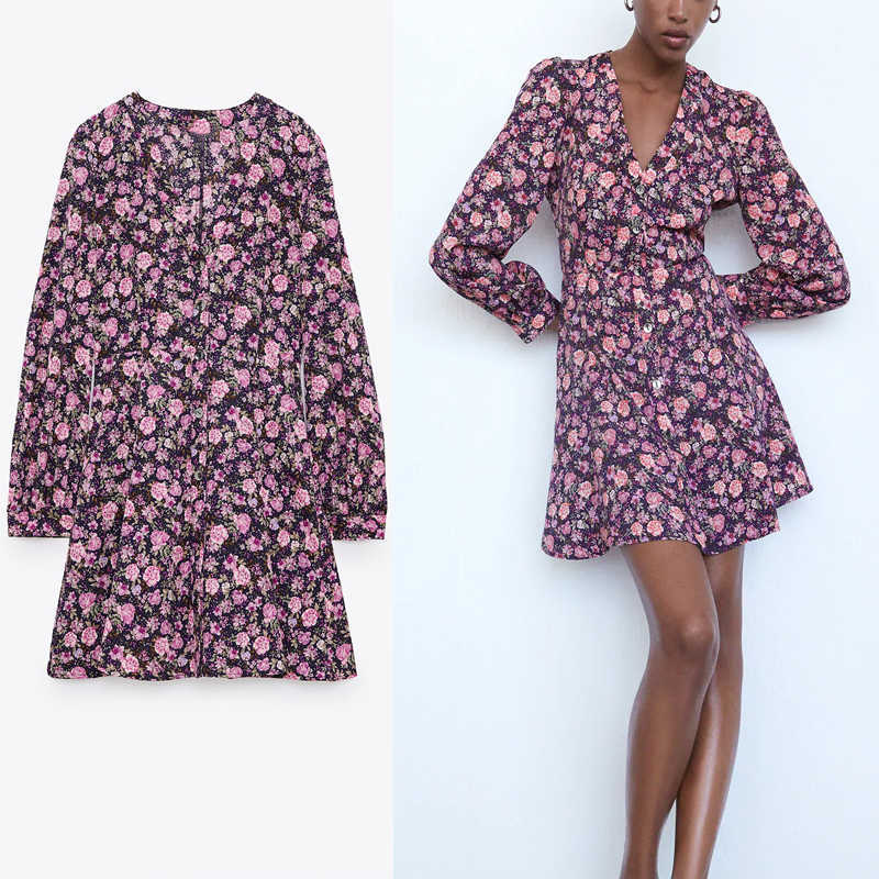 

Za Floral Print Mini Dress Women V-neck Long Sleeve Elegant A-line Short Dress Front Button Female Vintage Dresses 210602, As picture