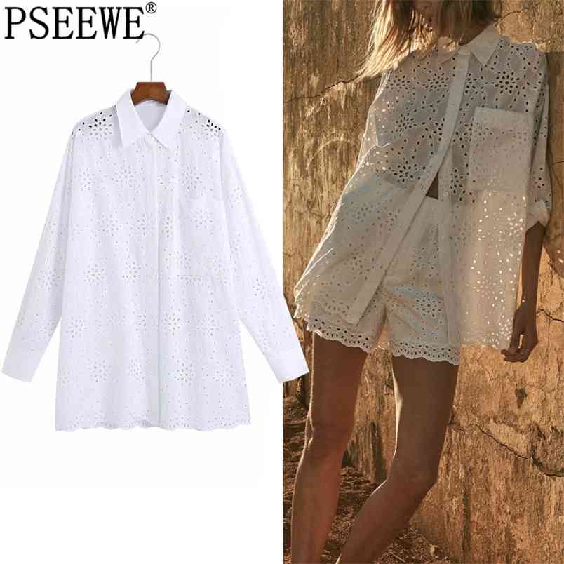 

White Long Women Shirt Cutwork Embroidery Oversize s Woman Sleeve Summer Blouse Female Vintage 210519
