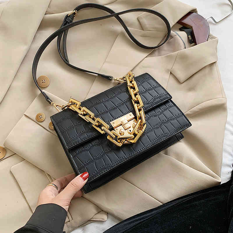 

Vintage Alligator Women Shoulder Bags Designer Thick Chain Handbags Luxury Pu Leather Crossbody Bag Lady Small Flap Female Purse C0326, Khaki