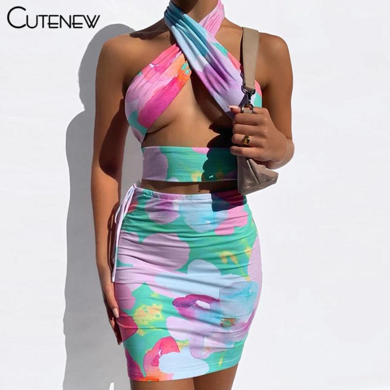 

Work Dresses Cute Summer Print Two Piece Set Women's Clothes Sexy Hollow Out Halter Tank+Skinny Skirt Matching Streetwear Casual Lady Suit, White;black