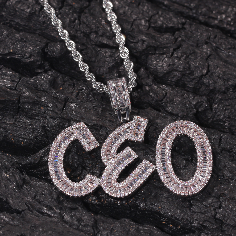 

Hip Hop Custom Name Baguette Letters Pendant Necklace With Free Rope Chain Gold Silver Bling Zirconia Men Pendant Jewelry