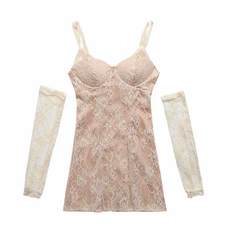 

Summer Lace Dress Women Separate sleeves Vintage Elegant Chic Lady Corset Short Dress Women 210709