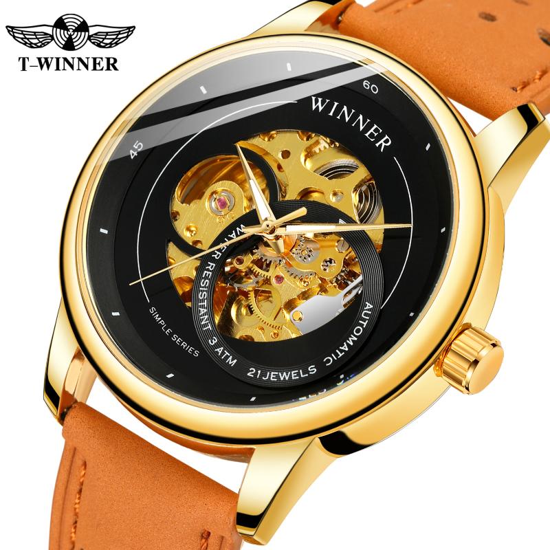 

Wristwatches Forsining 2021 Design Hollow Engraving Black Gold Case Leather Skeleton Mechanical Watches Men Heren Horloge, Slivery;brown