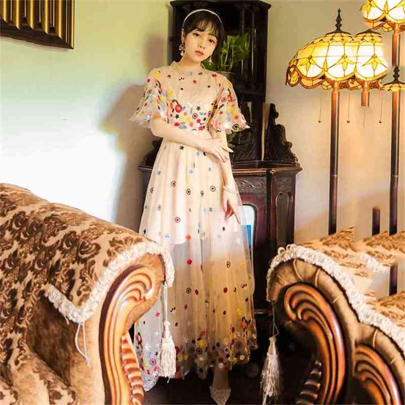 

Summer Long Women Dress Maxi Elegant Mesh Floral Embroidery Stand-neck Short Sleeve Two Piece Evening Party 210603, Blue