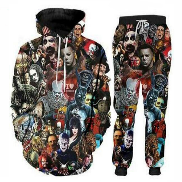 

2022 New Men/Womens Halloween Horror Movie Funny 3D Print Fashion Tracksuits Crewneck Hip Hop Sweatshirt and Pants 2 Pcs Set Hoodies HY010, As shown 1